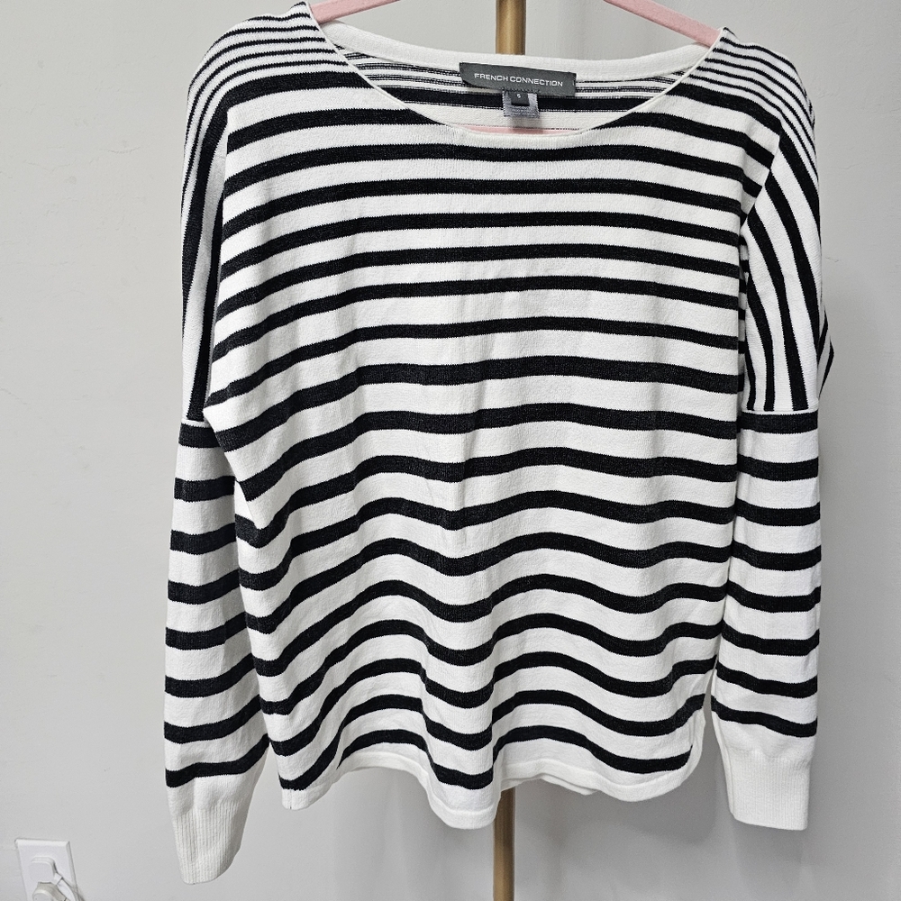 French Connection Black‎ White Striped Winter Sweater Top Blouse